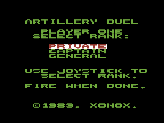 Artillery Duel title screen for Commodore 64